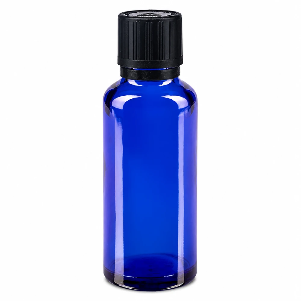Frasco de vidro azul de farmácia com 30 ml, com tampa de segurança para crianças preta e aplicador de gotas de 1 mm