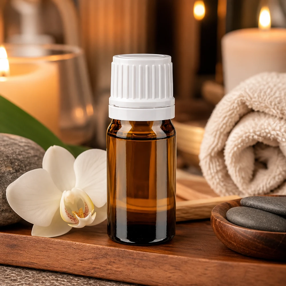 Frasco castanho de 5 ml com tampa de segurança branca, numa bandeja de madeira ao lado de uma orquídea e de pedras de massagem