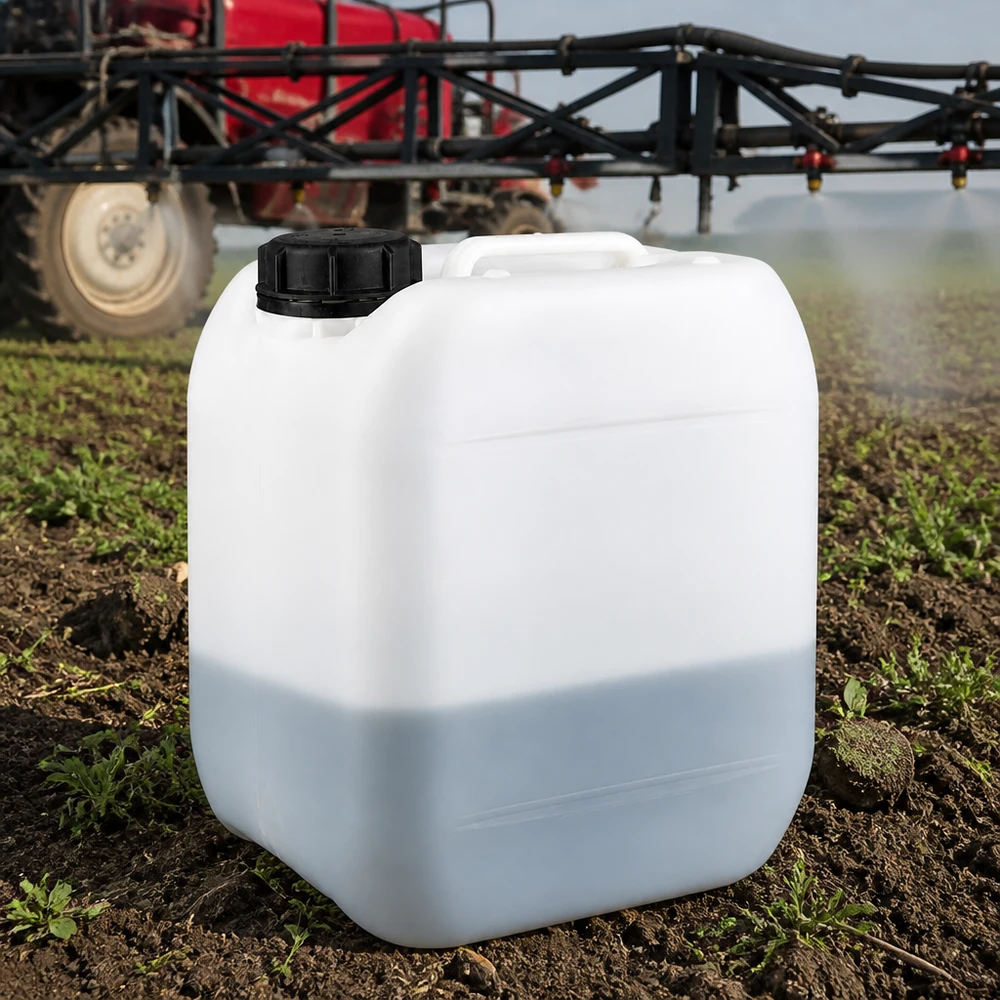 bidão de 5 litros com tampa de rosca com fecho inviolável Bidão de plástico branco de 5 L com tampa de rosca a ser utilizado na agricultura ao lado de um trator