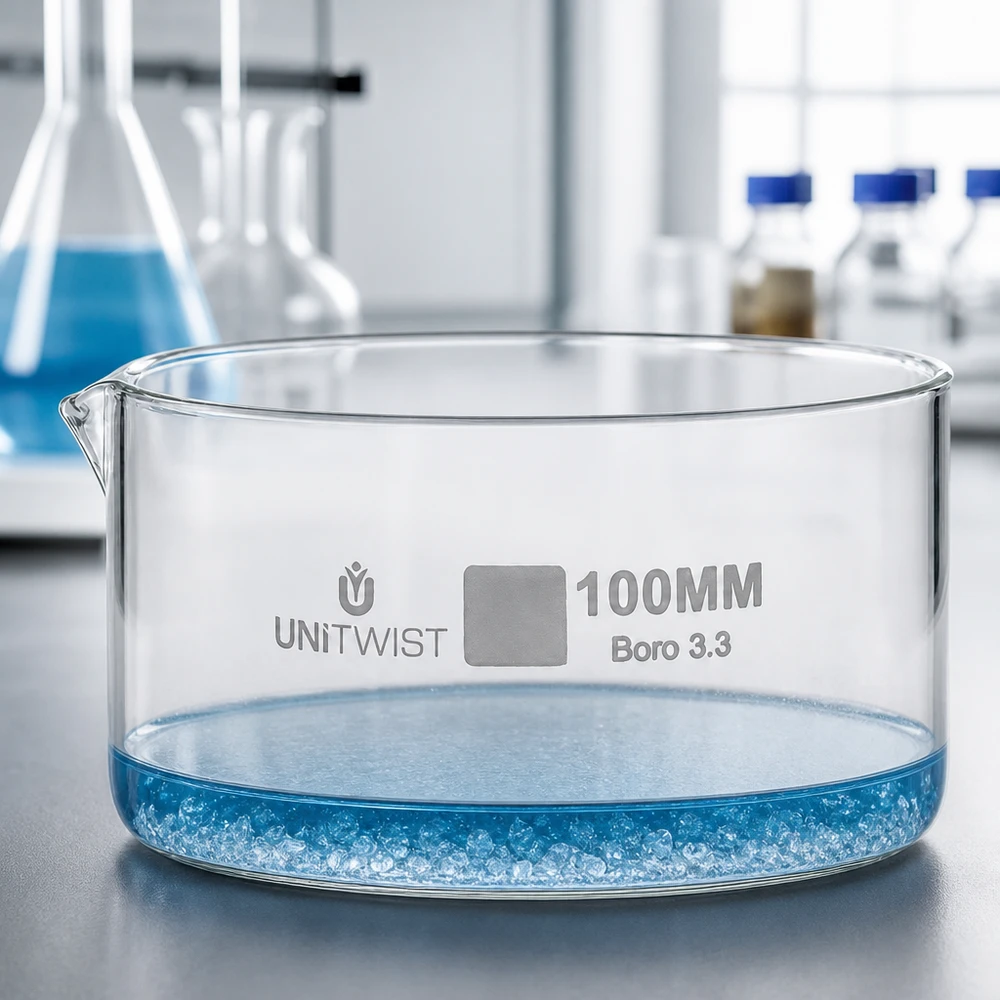 UNiTWIST Bacia de cristalização 100 mm, Boro 3.3, formato plano, borda baixa, vidro de laboratório transparente