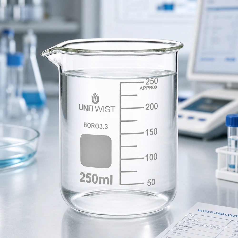 Copo 250 ml de borossilicato, baixo teor de bolor UNiTWIST Copo de vidro de 250 ml, de formato baixo, sobre uma balança de laboratório, com um documento de análise da água ao fundo