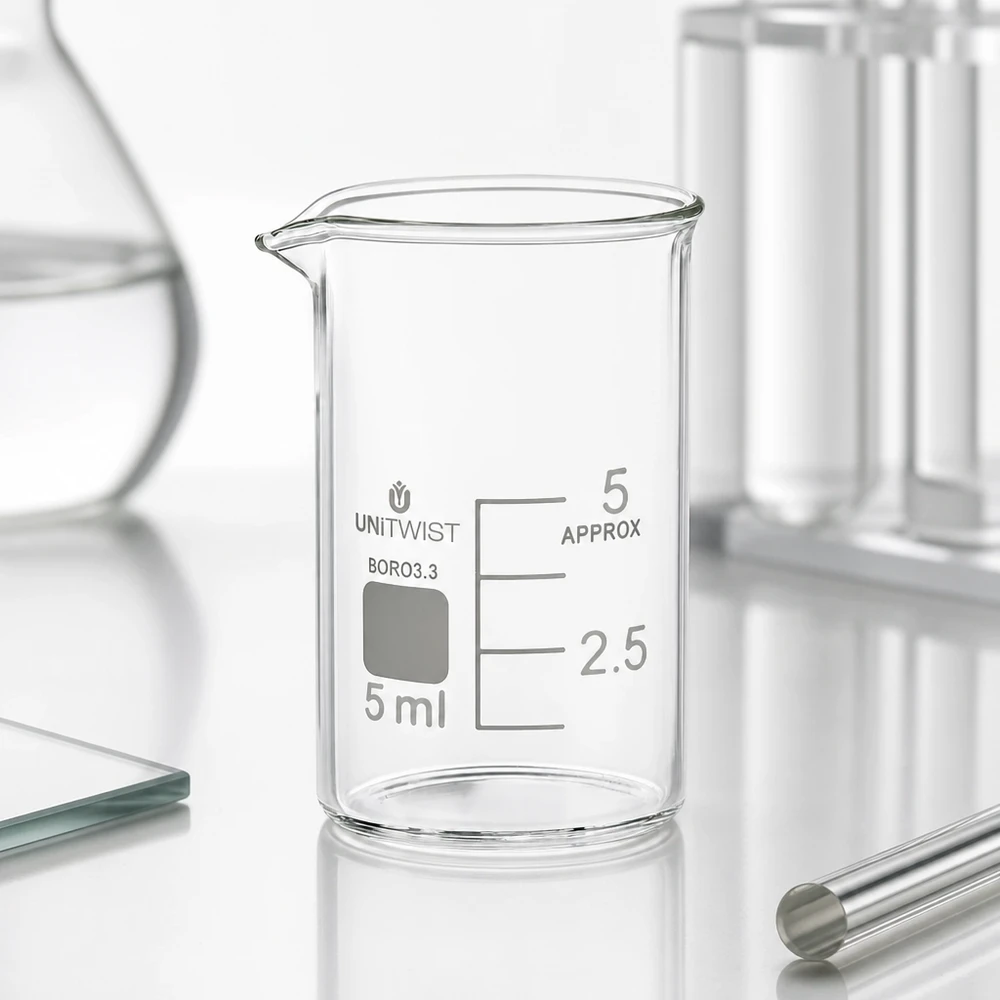 Copo de 5 ml em borossilicato, forma baixa UNiTWIST Copo de vidro transparente de 5 ml, borossilicato 3.3, de formato baixo, com graduação visível em mililitros