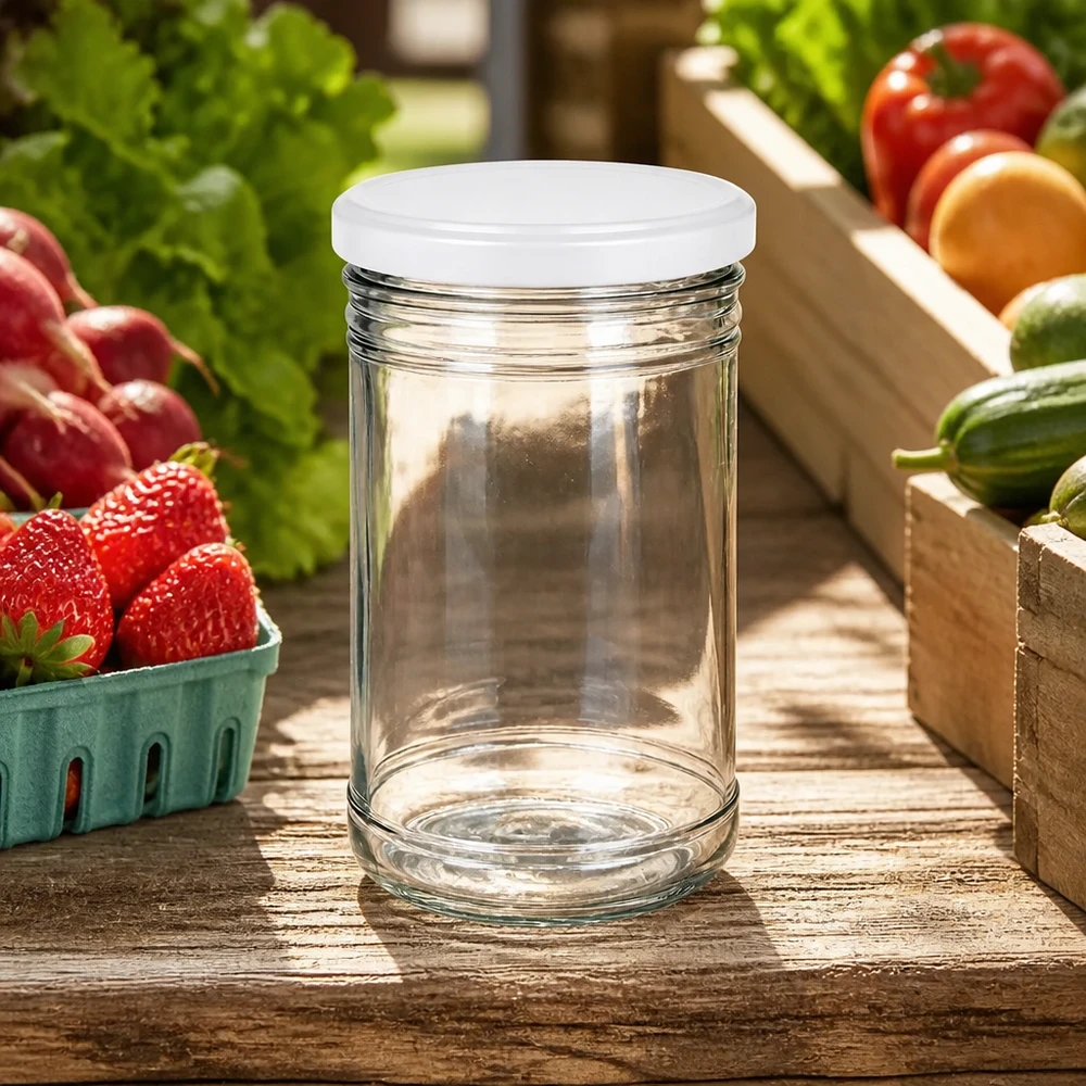 Copos de vidro de 1053ml com tampa BasicSeal branca UNiTWIST O frasco de 1053 ml vazio sobre uma mesa de madeira com frutas e legumes frescos mostra o ambiente ideal da cozinha para preparar e guardar refeições.