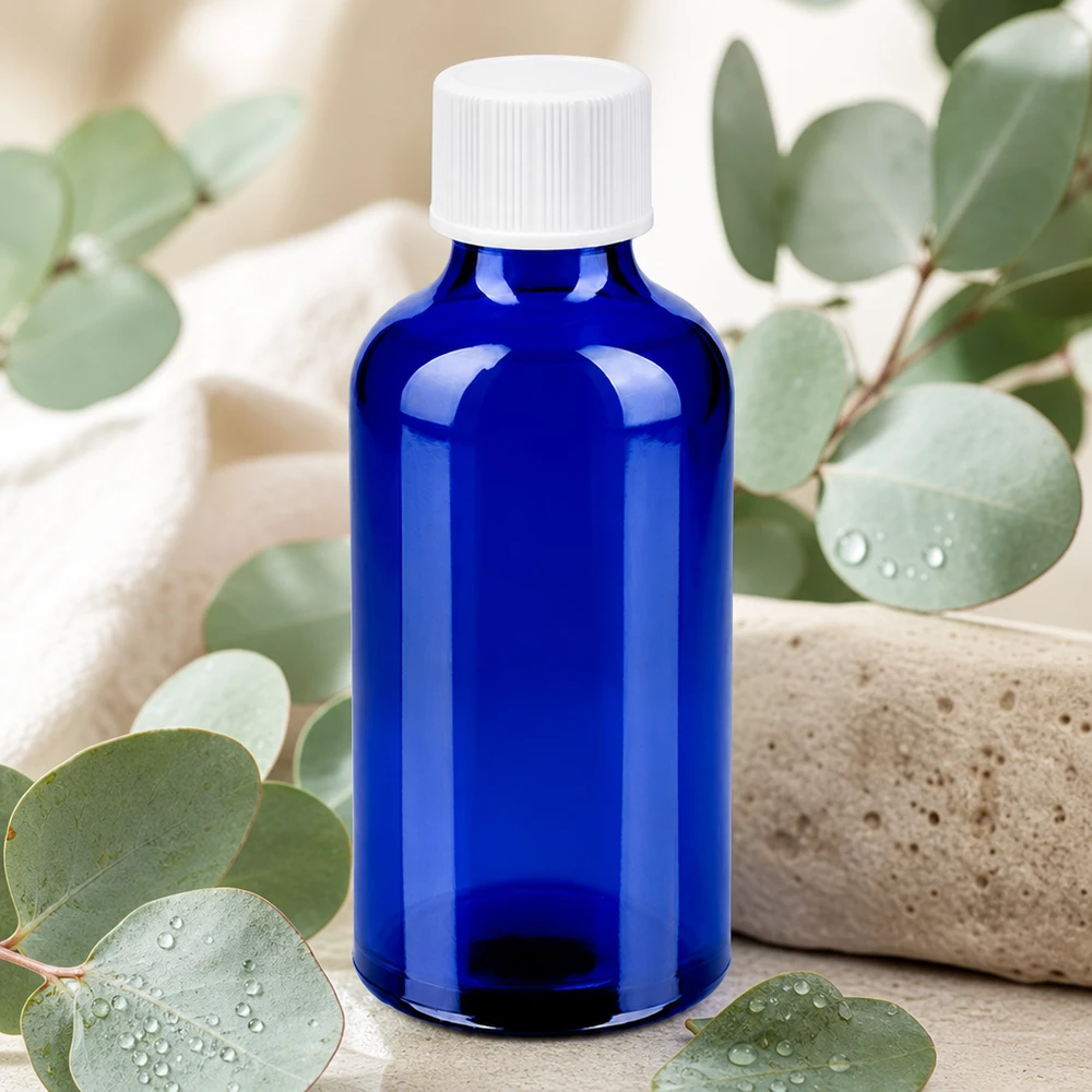 Frasco de vidro BlueLine de 50 ml em azul-cobalto com tampa de rosca branca com ranhuras para uma conservação segura