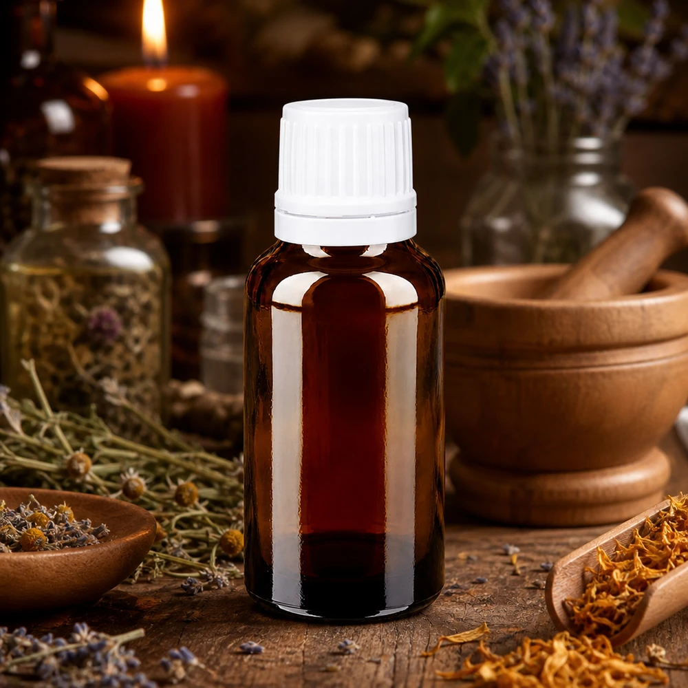 Frasco de farmácia castanho 20ml tampa de rosca branca tampa inviolável Pequeno frasco de vidro castanho de 20 ml com tampa conta-gotas branca, rodeado por ervas medicinais e um almofariz