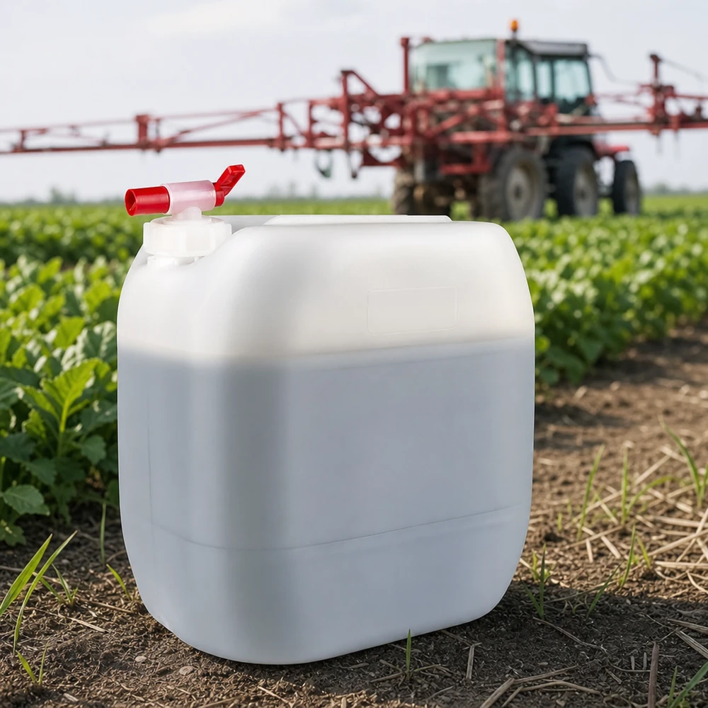 Recipiente de 30 litros com torneira de escoamento, utilizado na agricultura junto a um pulverizador agrícola