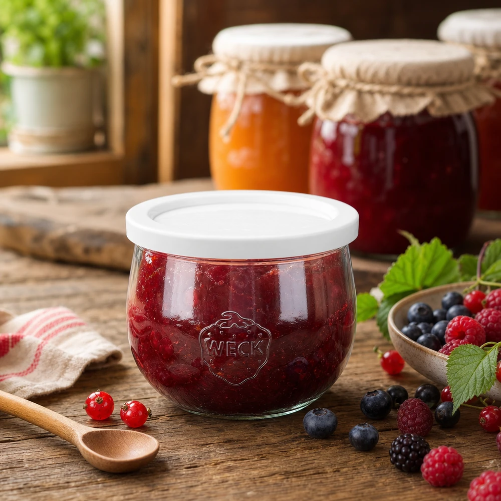 Frasco tulipa WECK 580ml RR100 cheio de compota de frutos silvestres na cozinha rústica com fruta fresca e frascos de conserva