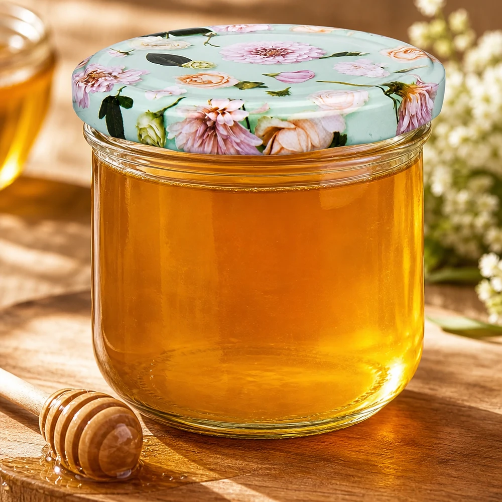 Frasco de vidro com menta de 260 ml com tampa floral BasicSeal cheio de mel dourado, com colher de mel de madeira ao lado