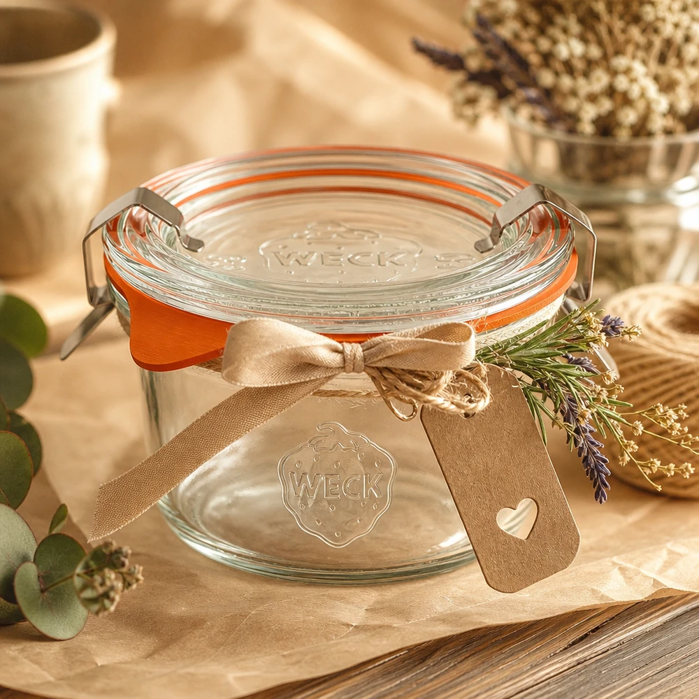 Copos de 50 ml WECK RR60 decorados com um laço e lavanda como ideia de presente numa mesa de madeira rústica