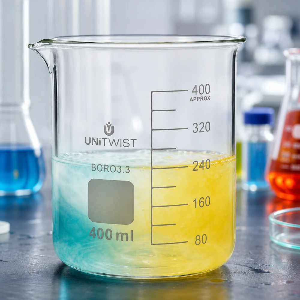 Copo de vidro UNiTWIST de 400 ml em borossilicato com um líquido colorido em azul e amarelo no laboratório