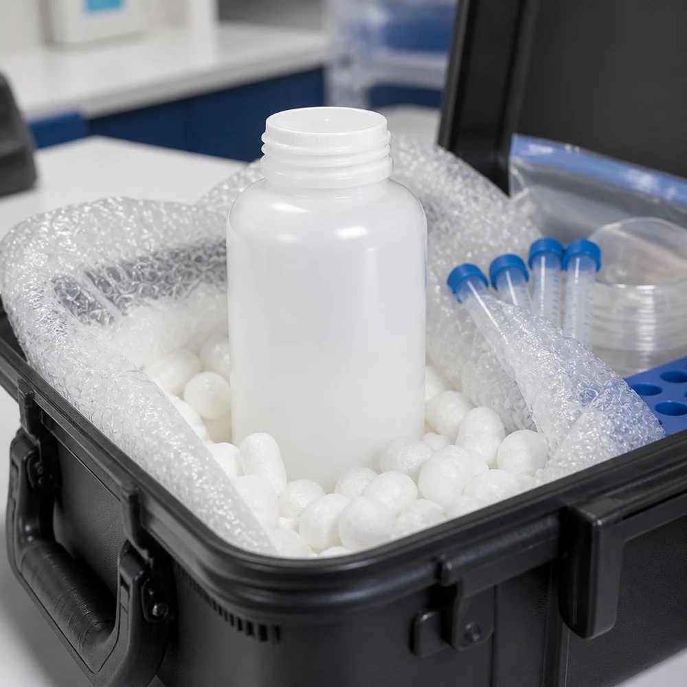 Frasco de laboratório de 500 ml com gargalo largo e sem tampa Frasco de laboratório de gargalo largo de 500 ml, embalado numa mala de transporte com pedacinhos de esferovite e película bolhosa