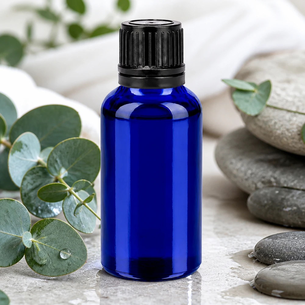 Frasco de vidro de 30 ml de alta qualidade em azul-cobalto elegante com uma prática tampa de rosca preta