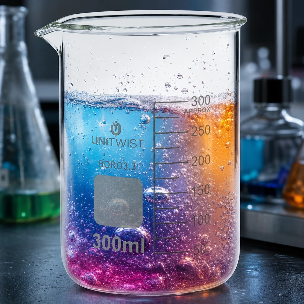 Copo de vidro UNiTWIST de 300 ml com um degradé colorido que vai do rosa ao violeta e ao laranja, no laboratório