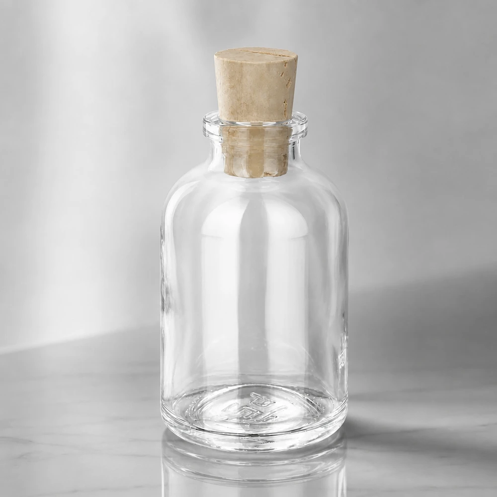 Frasco de vidro transparente 50ml com rolha 11/14mm Hochwertige Glasflasche 50ml mit luftdichtem Korken 11/14mm seitliche Ansicht