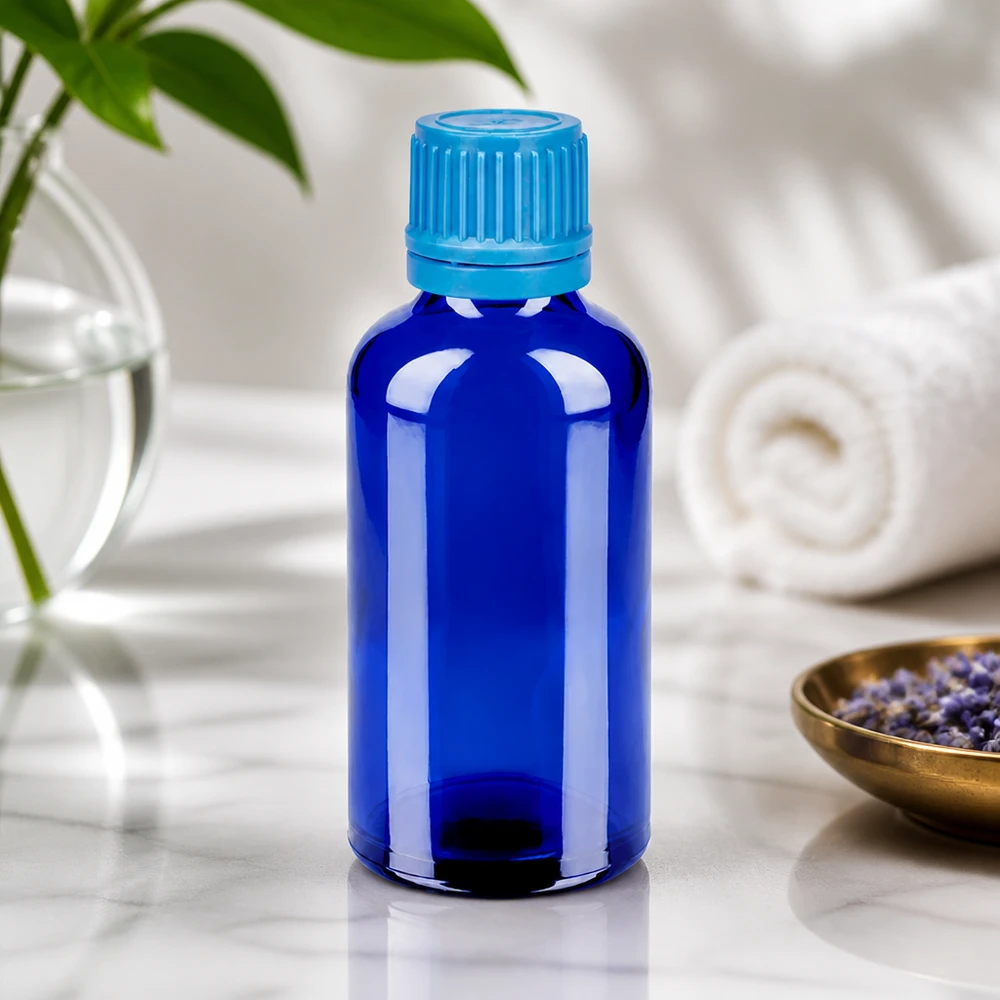 Frasco de 50ml com tampa de rosca de 11mm azul com fecho inviolável BlueLine UT18/50 Frasco de vidro de 50 ml de alta qualidade em azul-cobalto elegante com rosca de 11 mm de precisão