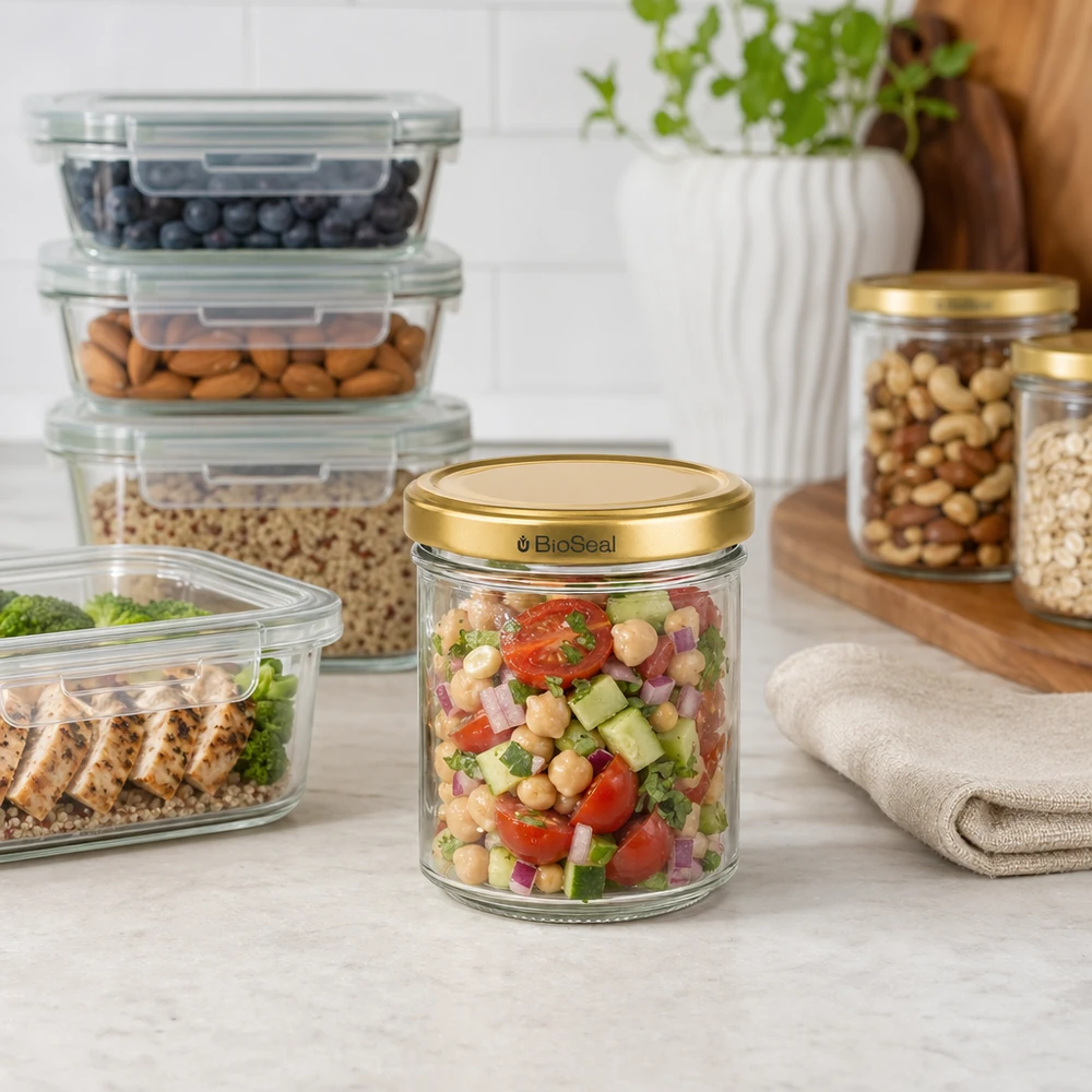 200g Honigglas mit goldenem Deckel BioSeal UNiTWIST Frasco BioSeal de 200 g com tampa dourada cheio de salada de grão-de-bico na cozinha organizada com recipientes de arrumação