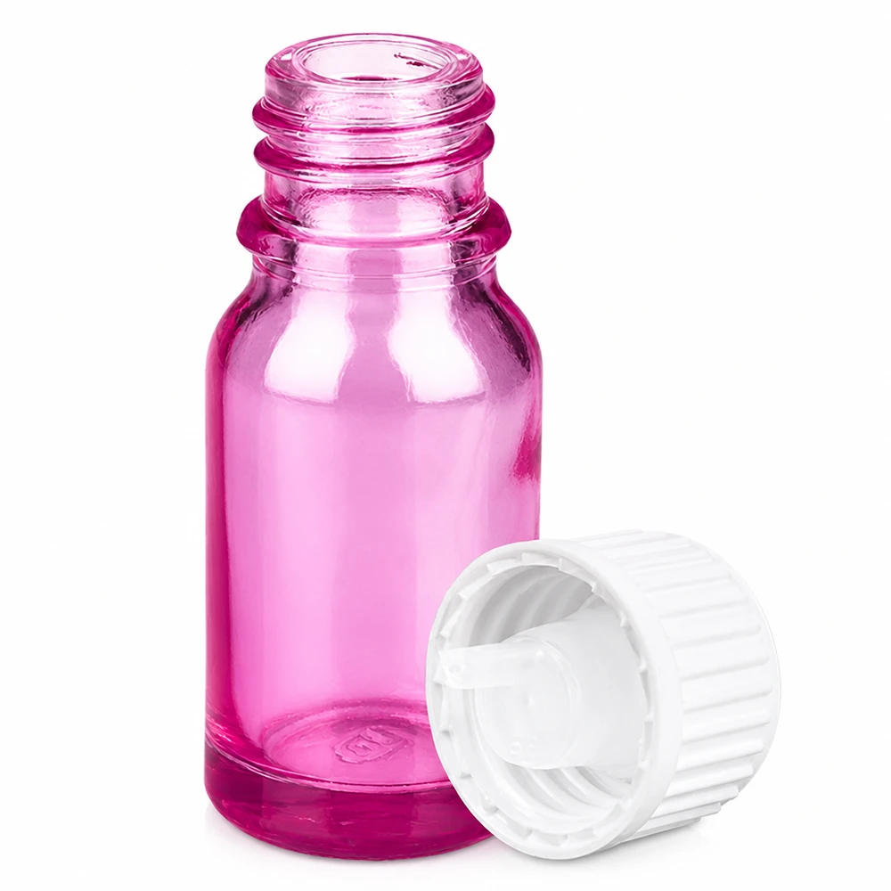 Frasco de vidro roxo de 10 ml com conta-gotas de 0,9 mm e tampa branca para óleos essenciais