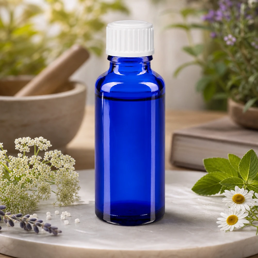 Pequeno frasco azul de farmácia de 30 ml com tampa branca padrão, entre ervas medicinais