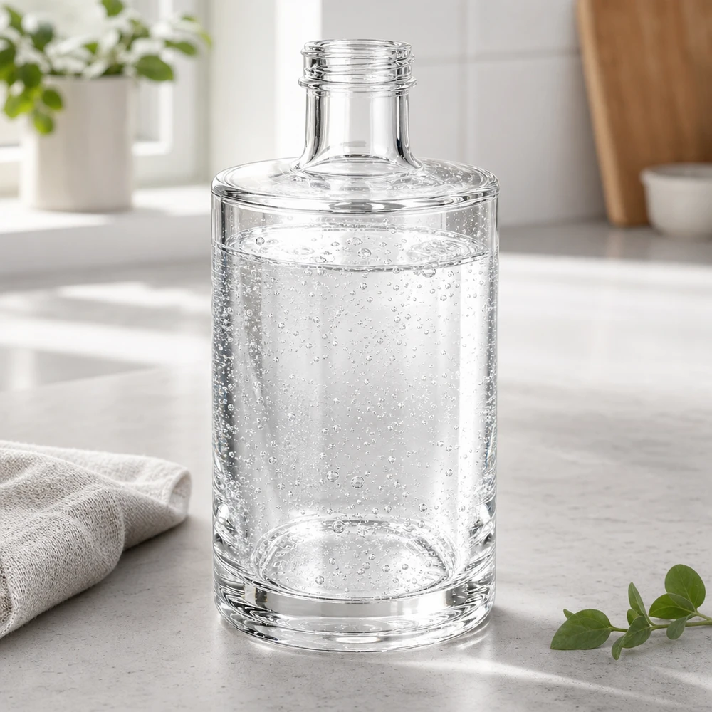 Garrafa de vidro de 375 ml de Sam cheia de água com gás sobre uma bancada de cozinha de cor clara com um pano de cozinha e uma planta