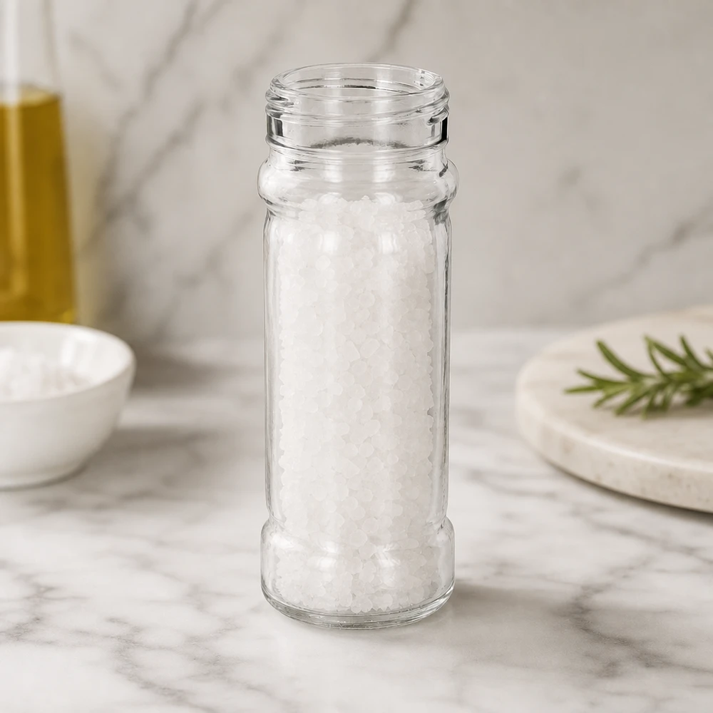 Frasco para sal/especiarias Mary 100ml, rosca 41mm vidro transparente Copo de sal «Mary» de 100 ml, cheio de sal marinho grosso, sobre uma base de mármore branco