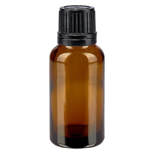 Frasco de farmácia castanho 20ml tampa conta-gotas anel de vazamento 1mm tampa inviolável preta