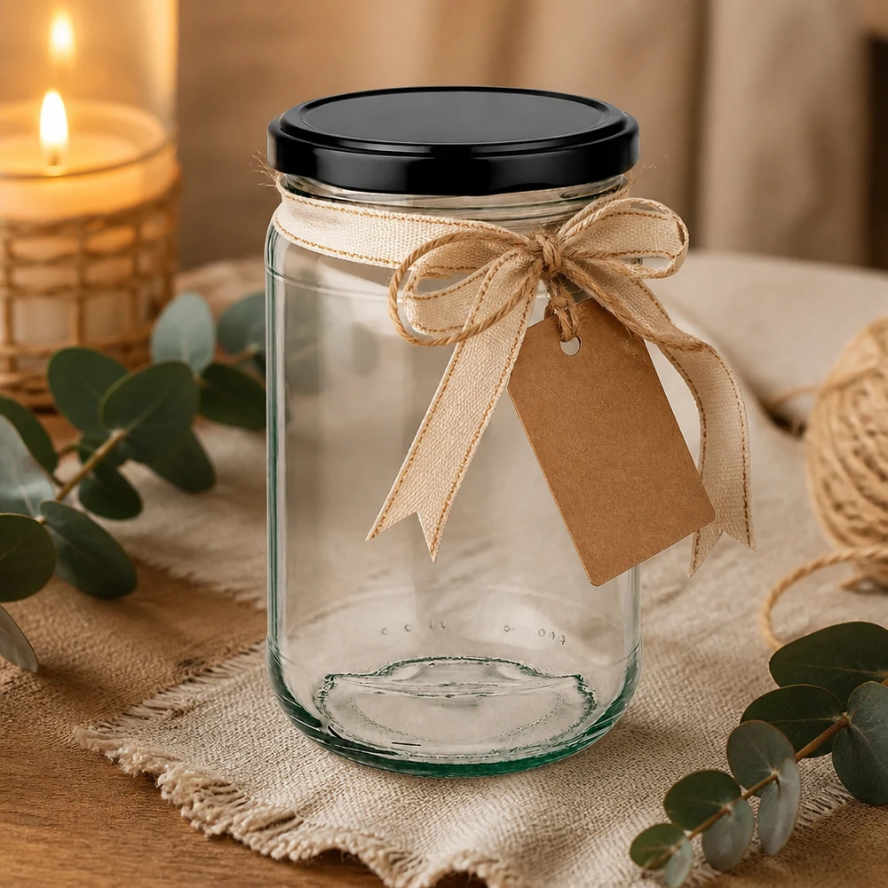 UNiTWIST de vidro redondo de 305 ml com tampa preta decorativa com laço e pendente num ambiente acolhedor