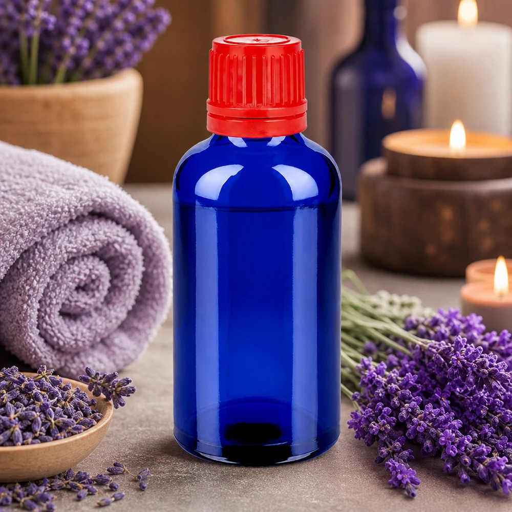 Frasco de 50ml com tampa de rosca de 11mm vermelha com fecho inviolável BlueLine UT18/50 Frasco de aromaterapia de 50 ml azul vermelho SV 11mm OV BlueLine UT18/50 para óleos essenciais