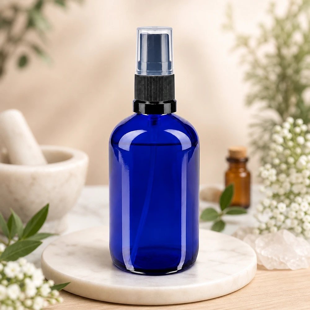 Frasco de spray azul de 100 ml em vidro de farmácia com pulverizador preto, sobre uma bandeja de mármore
