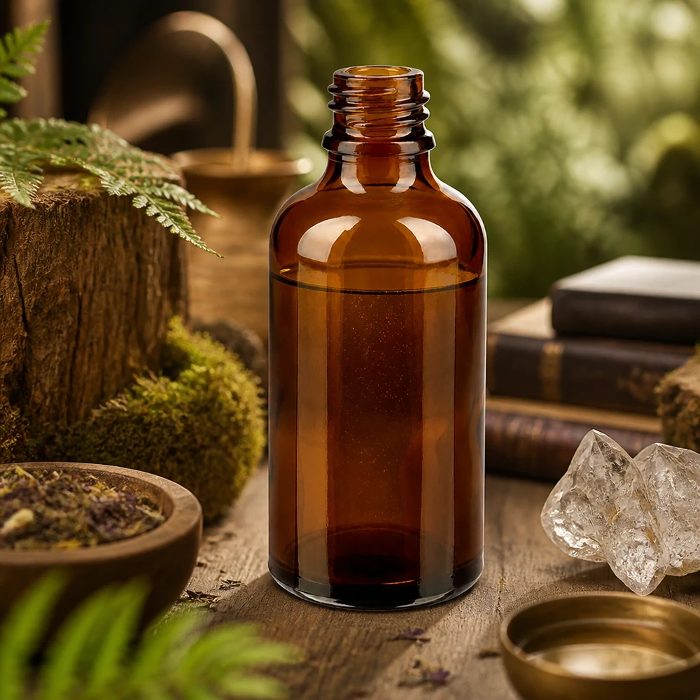 Frasco de farmácia ApoGlas castanho de 50 ml com extrato de ervas naturais entre cristais de musgo e livros antigos