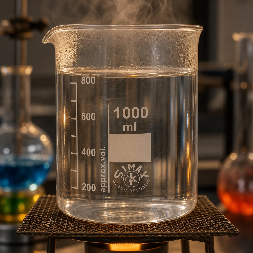 Copo 1000 ml de vidro borossilicato, forma baixa Copo transparente de 1000 ml com pouco molde, fabricado em vidro borossilicato para uma utilização laboratorial segura
