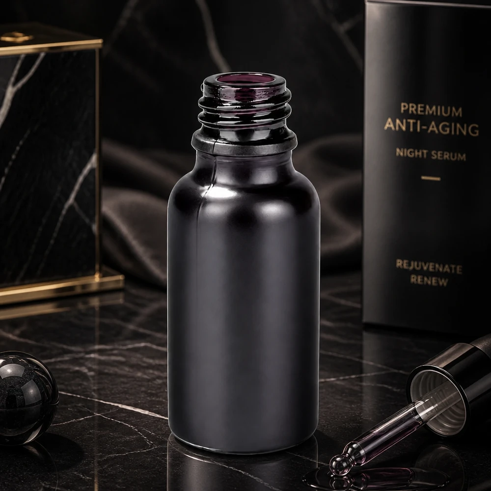 Frasco de farmacêutico BlackLine UT18/20 de 20 ml com design elegante em vidro preto para cosméticos de qualidade superior