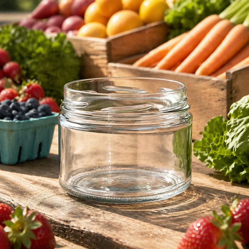 Copos UNiTWIST Runda540 vazios de 540 ml TO100 numa mesa de madeira com fruta e legumes frescos em fundo