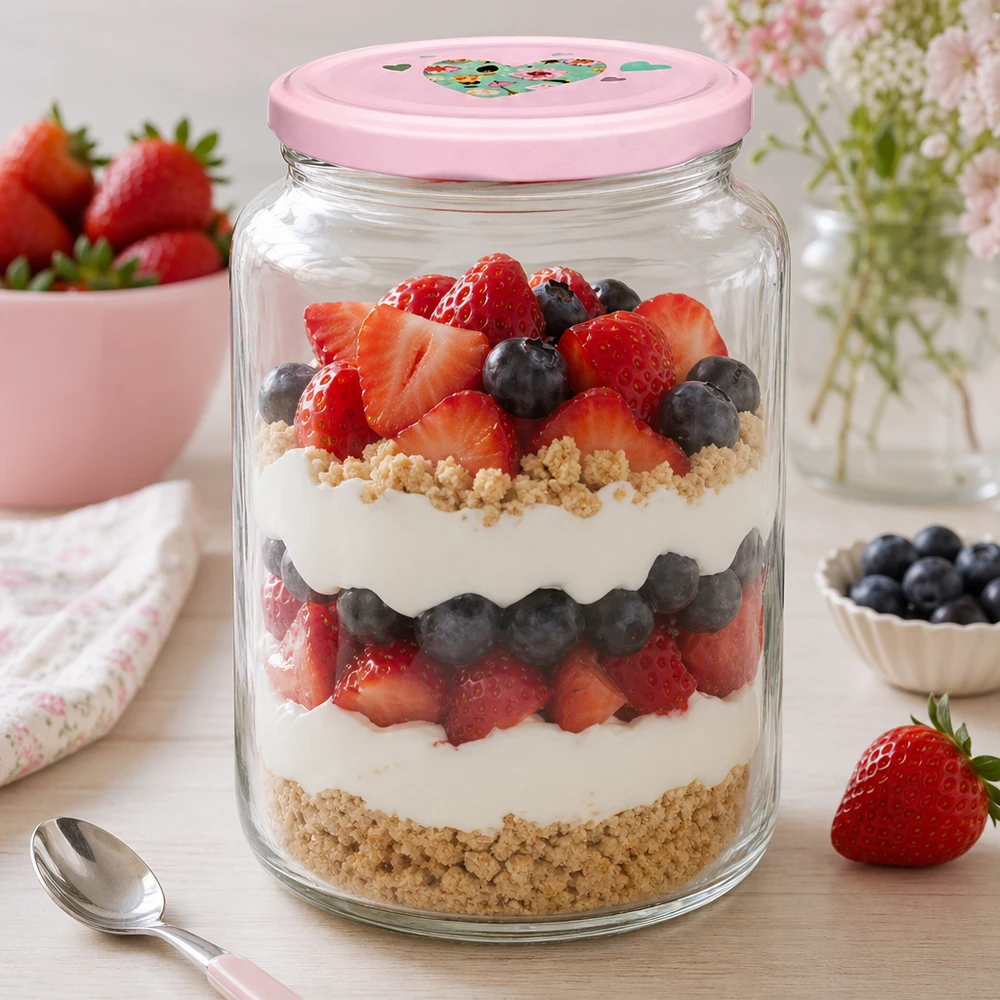 Frasco redondo de 795 ml + tampa BasicSeal cor-de-rosa UNiTWIST Rundglas 795ml mit rosa Herzdeckel gefüllt mit Beeren-Schichtdessert Parfait Anwendungsbeispiel für Desserts und Süßspei