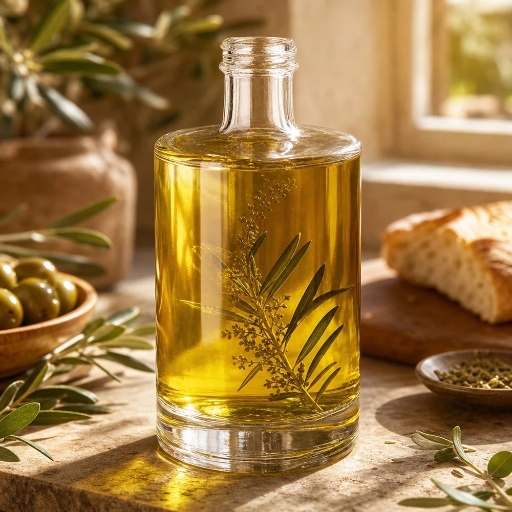 500ml Glasflasche "Sam" ohne Schraubverschluss UNiTWIST Garrafa de vidro de 500 ml Sam cheia de azeite e ervas aromáticas Exemplo de utilização Cozinha mediterrânica Decoração
