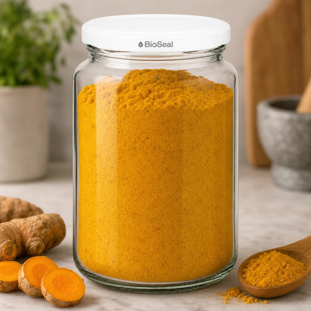 UNiTWIST Runda382 cheio de curcuma em pó - armazenamento de especiarias num frasco de vidro com tampa TO66 BioSeal branca