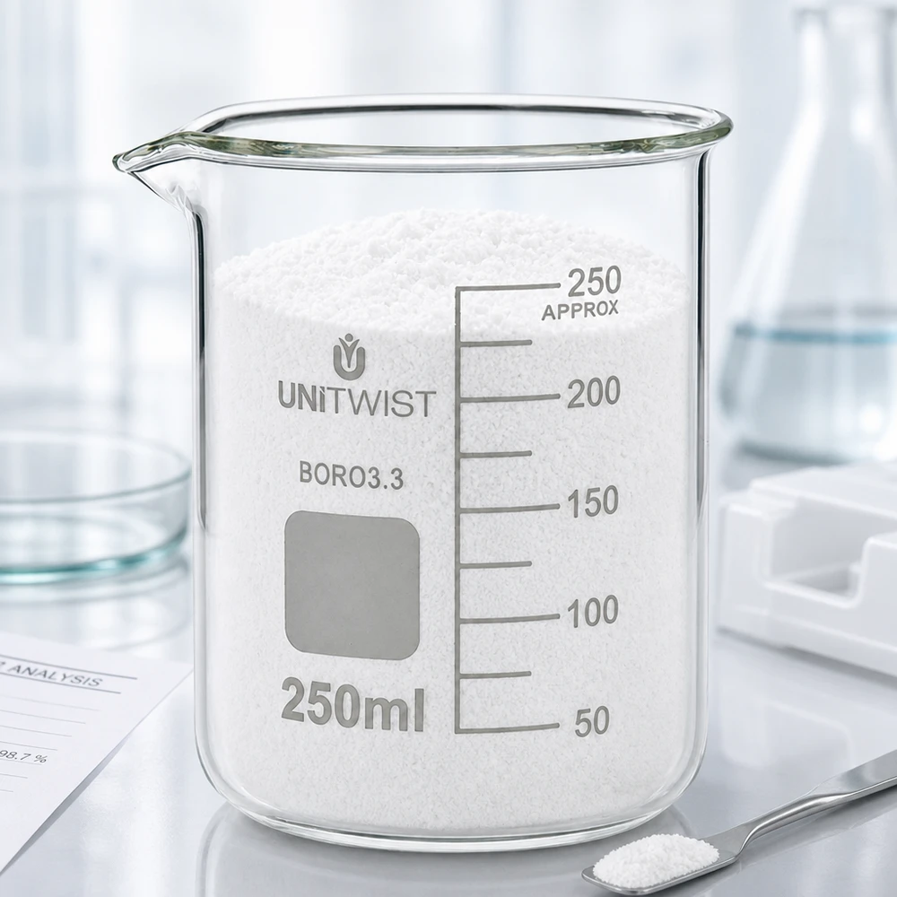 Copo 250 ml de borossilicato, baixo teor de bolor UNiTWIST Copo de vidro de 250 ml, de formato baixo, cheio de pó branco sobre uma base de laboratório UNiTWIST