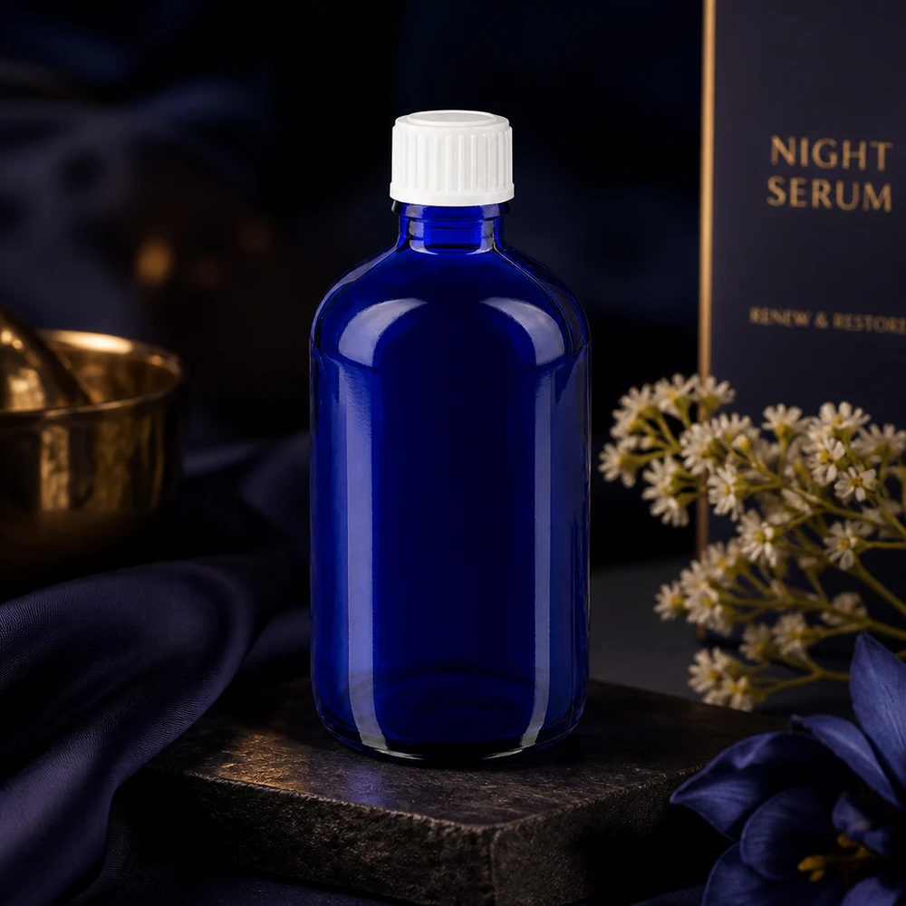 Frasco de vidro azul de 100 ml com tampa branca padrão, como embalagem do sérum noturno