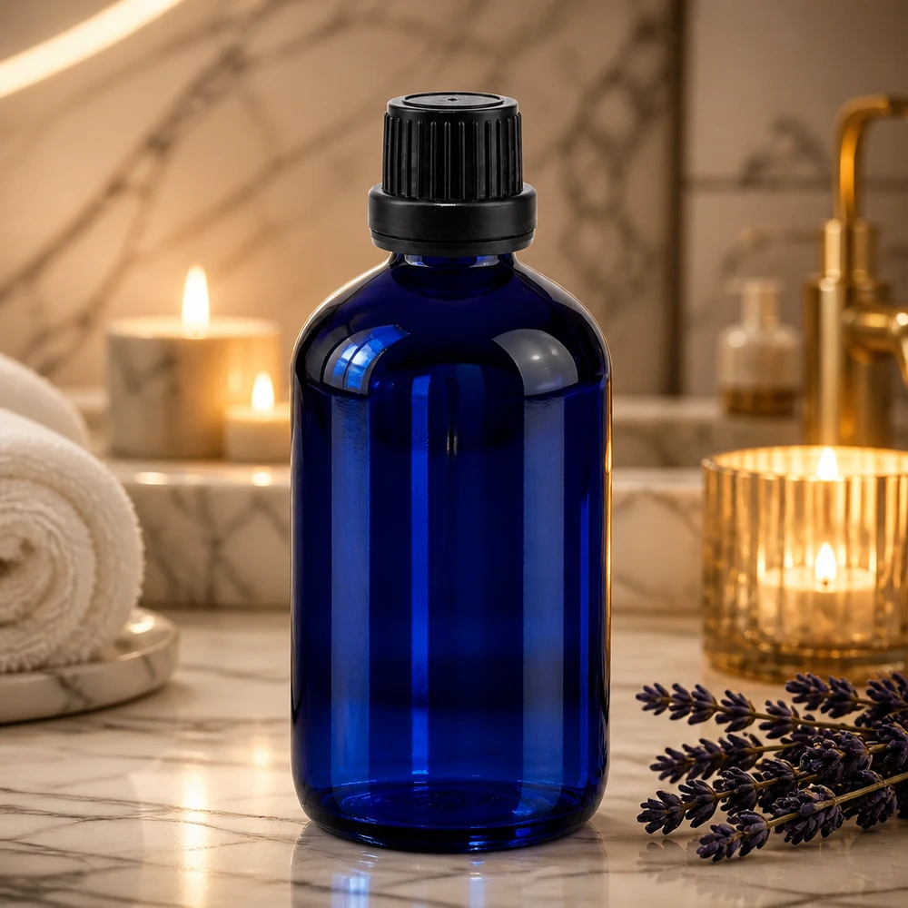 Frasco de farmácia azul 100ml tampa de rosca preta fecho inviolável Frasco de vidro azul de 100 ml com tampa de segurança e conta-gotas para aromaterapia