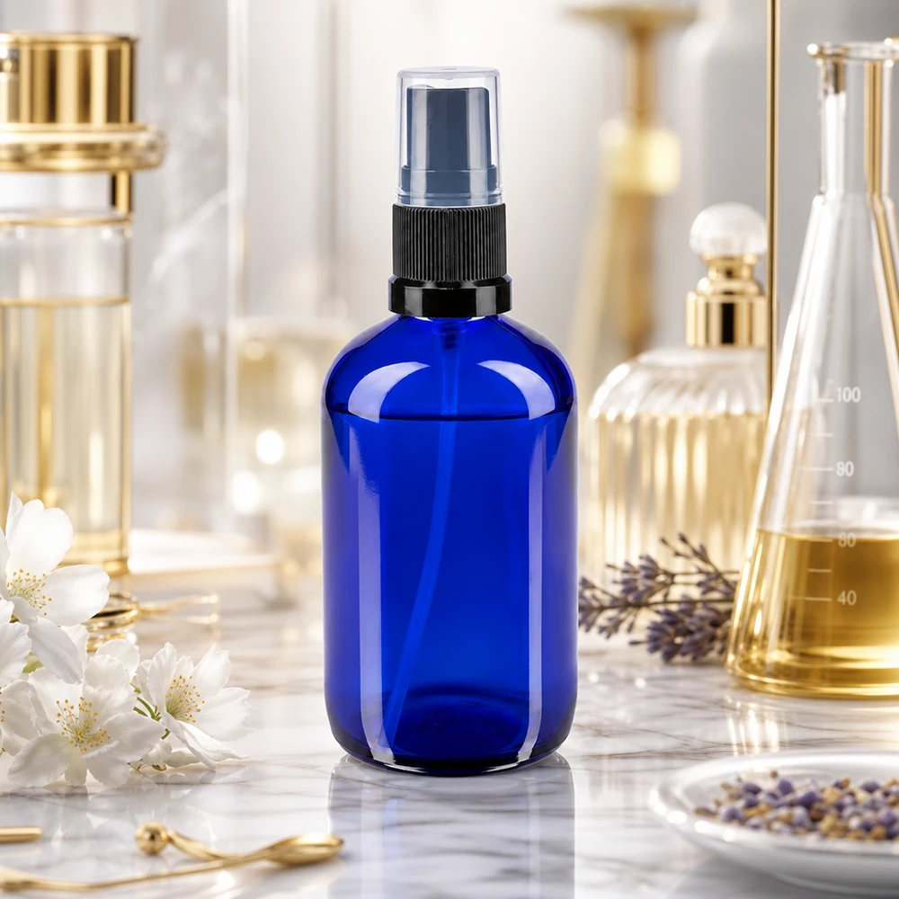 Frasco de farmácia azul 100ml spray top preto Frasco de spray azul de 100 ml em vidro de farmácia com pulverizador preto, sobre uma superfície de mármore num ambiente de laboratório