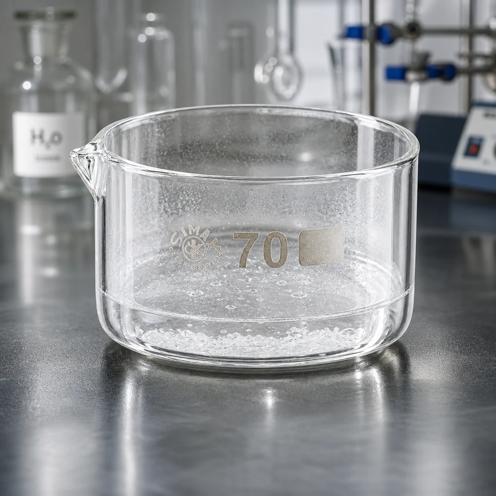 Taça de cristalização transparente com 70 mm de diâmetro e bico vertedor, em vidro borossilicato de alta qualidade