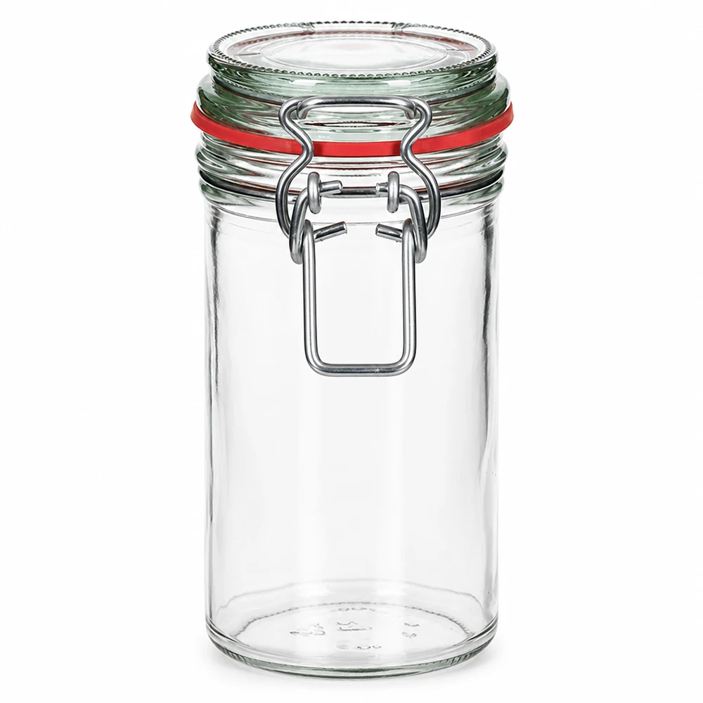 Frasco de conservação de 272 ml, tipo G, com tampa de fecho de alça UN.. Frasco de conservação de 272 ml com tampa basculante e vedante de borracha vermelho, frasco de conservação transparente para alimentos