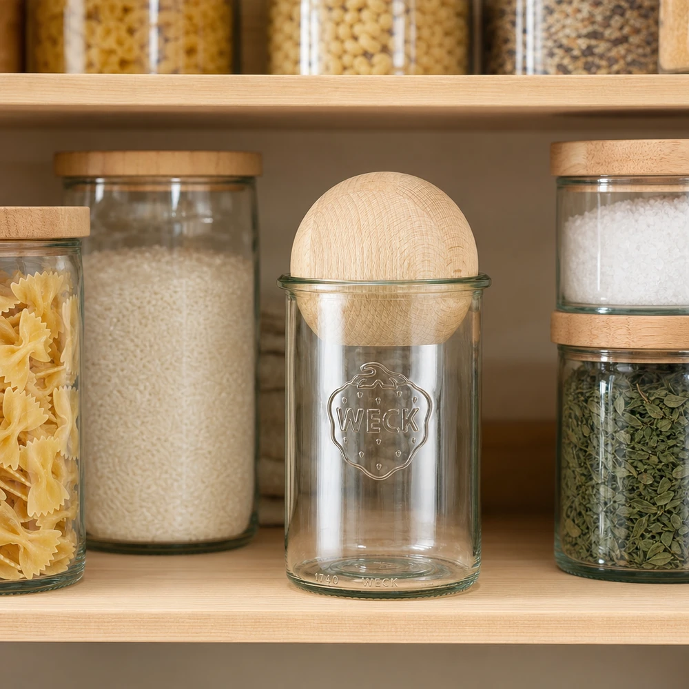 Copos de vidro de 1000ml WECK RR100 com bola de madeira faia WECK Vorratsglas 1000ml RR100 mit Buchenkugel in moderner Küche zwischen Pasta, Reis und Gewürzen zur stilvollen Aufbewa
