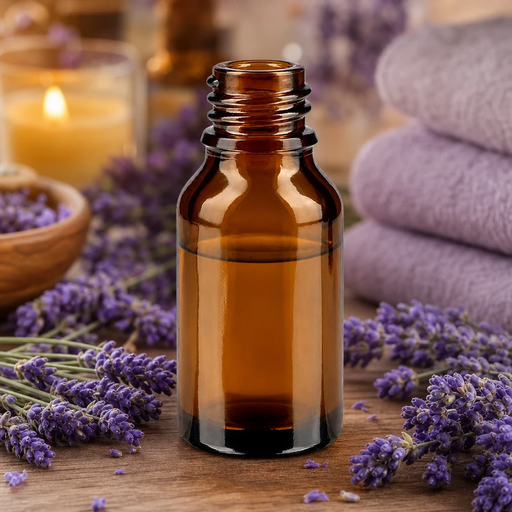 Frasco conta-gotas 15 ml DIN 18 de vidro âmbar Frasco boticário castanho ApoGlas de 15 ml com flores de lavanda e toalhas numa atmosfera relaxante de spa