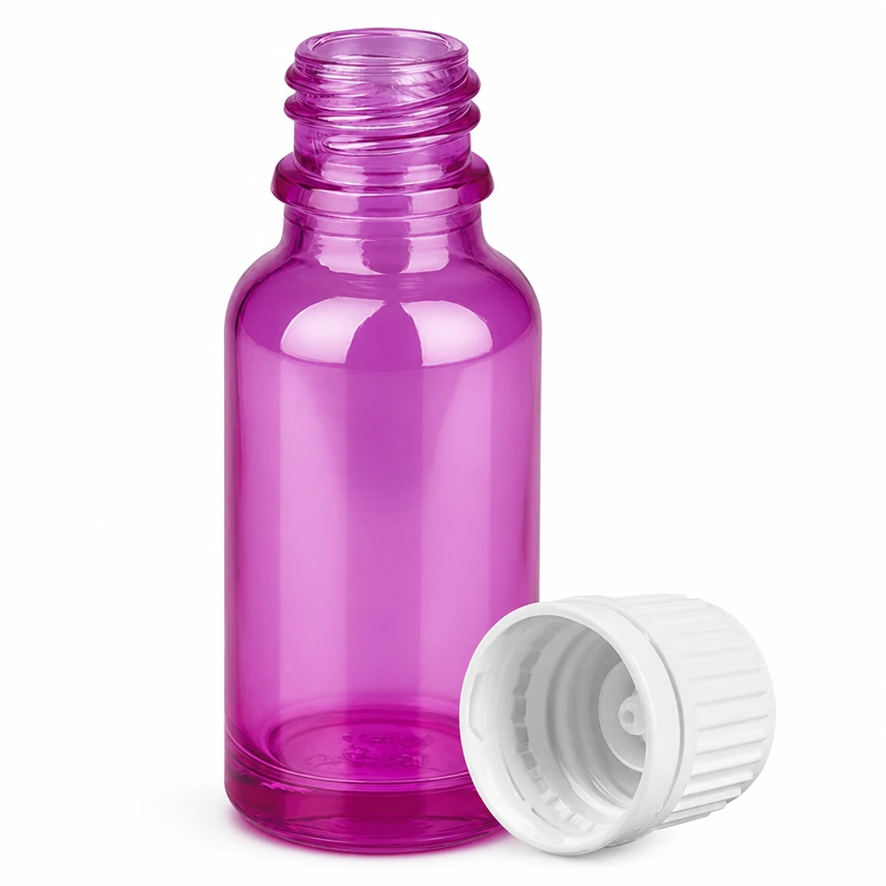 Frasco de 20ml com tampa de rosca de 11mm branca Originalidade tampa de rosca PurpleLine UT18/20 Frasco conta-gotas pequeno de 20 ml em vidro violeta com tampa branca para uma dosagem precisa