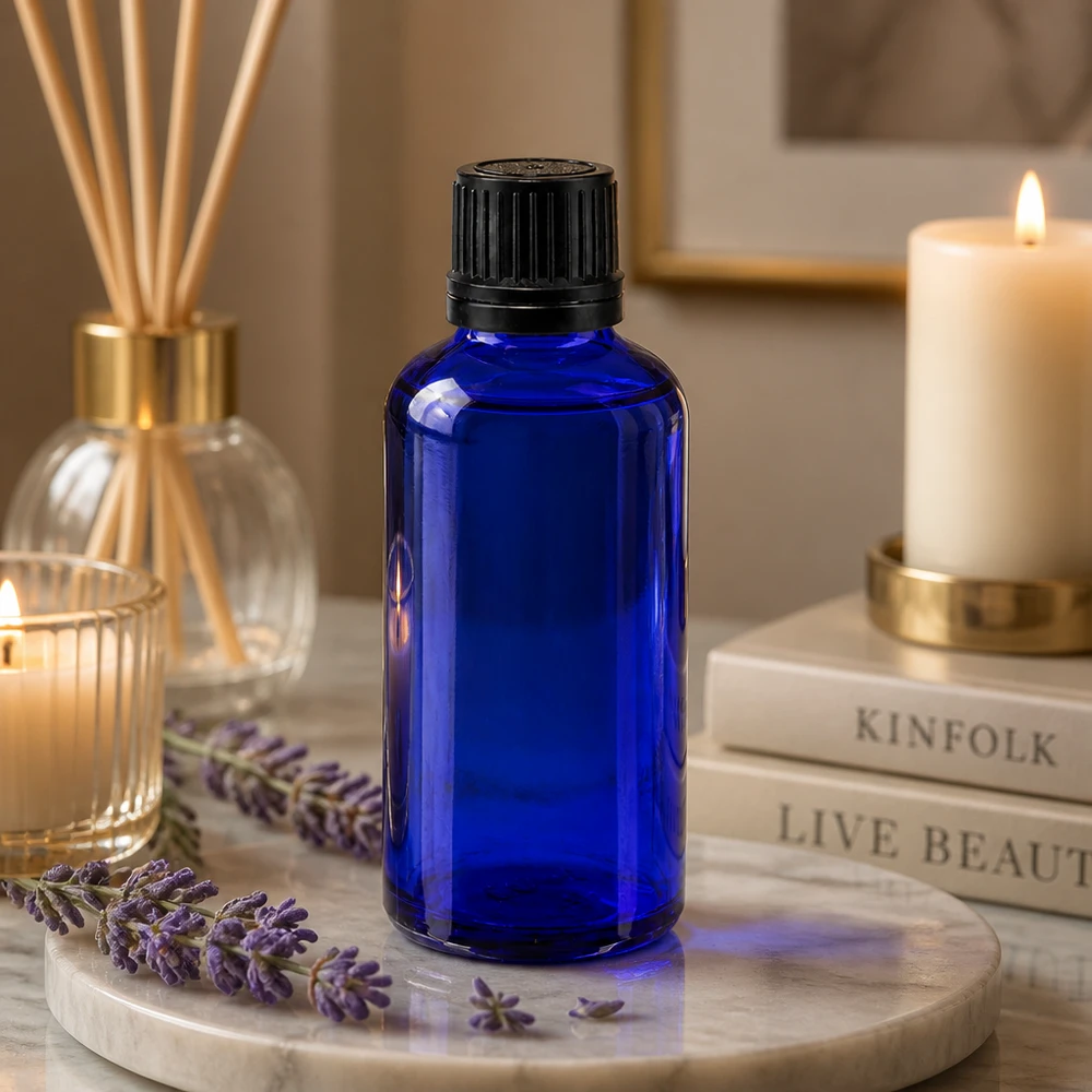 Frasco de farmácia de 50 ml em azul com tampa OV, ao lado de flores de lavanda e velas perfumadas