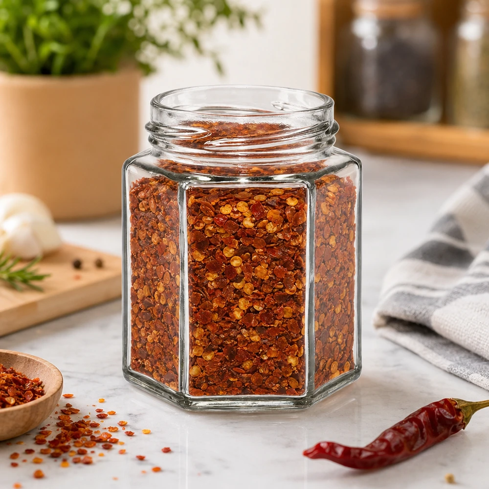 Frasco de especiarias hexagonal UNiTWIST Hexa196 de 196 ml cheio de flocos de malagueta na bancada da cozinha