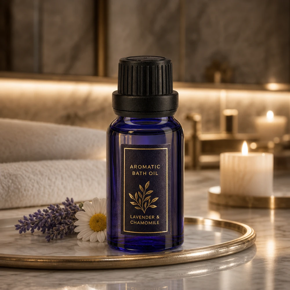 Frasco de farmácia azul de 10 ml com conta-gotas para óleo de banho de lavanda e camomila, colocado numa bandeja de casa de banho