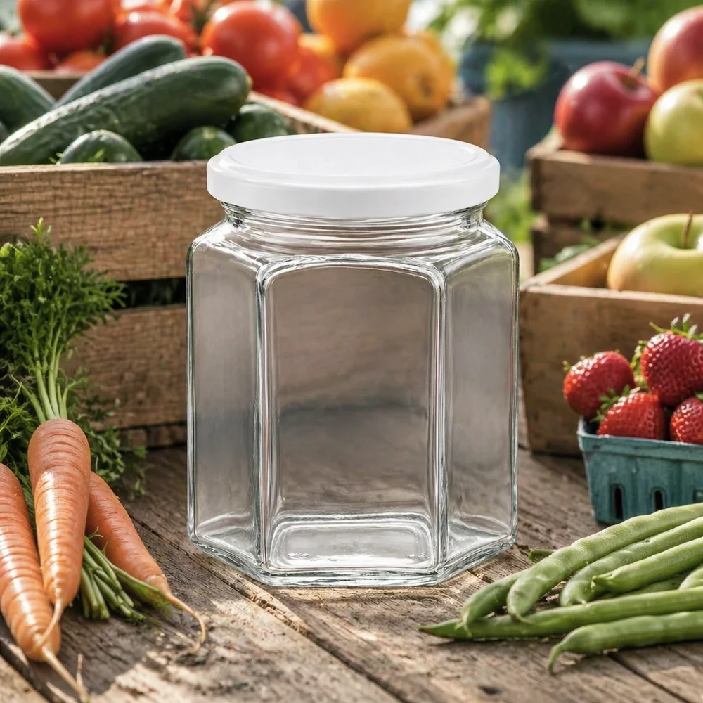 400g Honigglas mit weißem Deckel BasicSeal UNiTWIST Frasco de mel de 400 g hexagonal vazio com tampa branca entre legumes frescos e fruta numa mesa de madeira em estilo de casa de campo