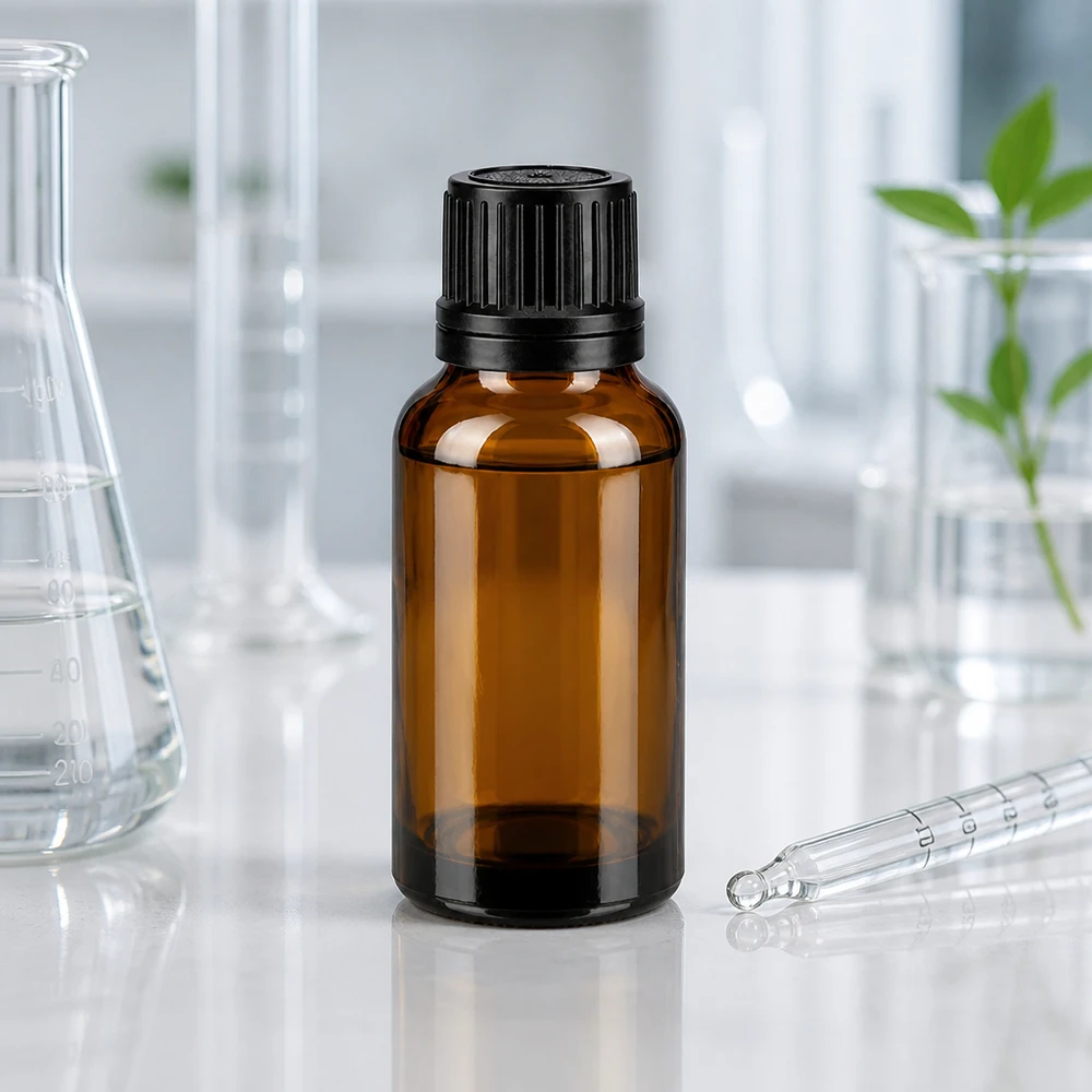 Frasco conta-gotas de vidro castanho de 20 ml com abertura de 1 mm e tampa OV preta no laboratório