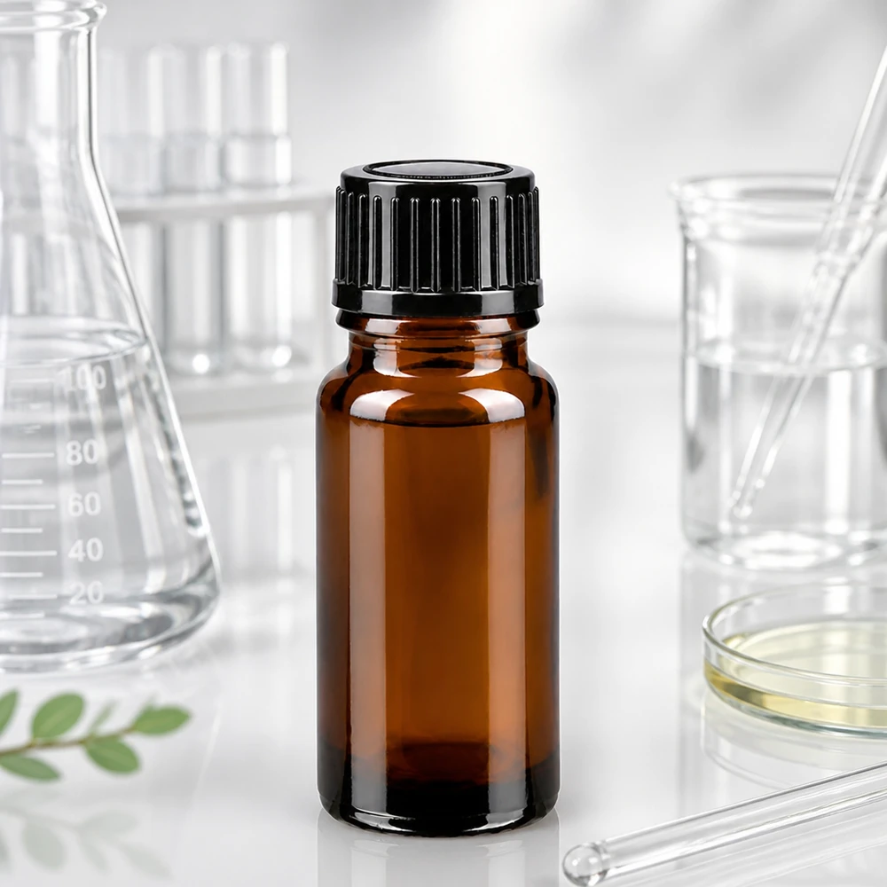 Frasco de farmácia de 10 ml em vidro castanho com tampa STD preta e orifício de gotejamento de 1 mm, em laboratório